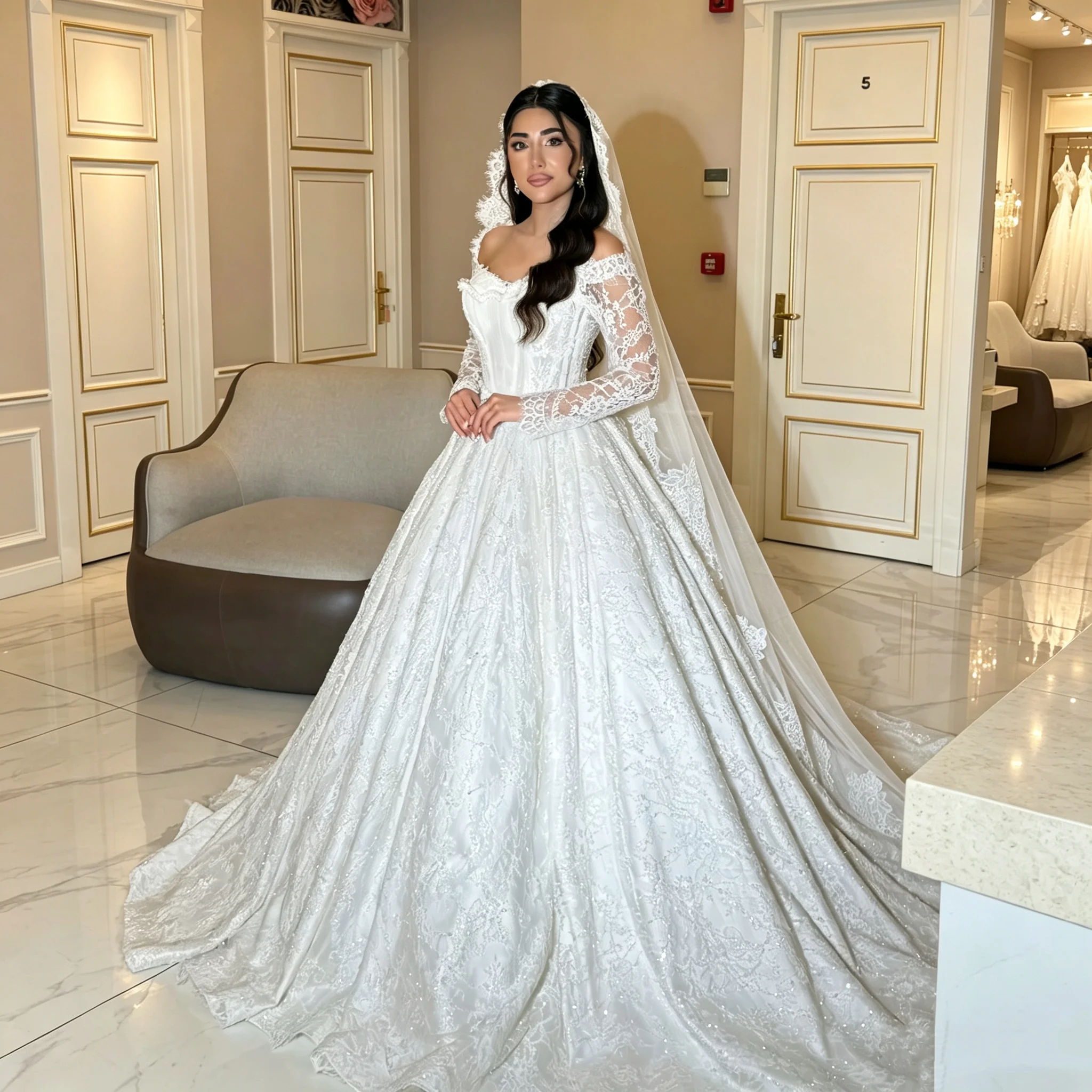 Customized Sweetheart Off Shoulder Long Sleeve Ball Dress Sparkling Lace Decal Church Train Bride Dress Retro Wedding Dress