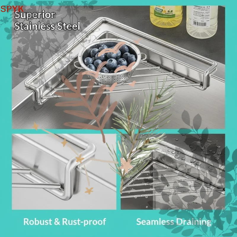 Stainless Steel Kitchen Sink Organizer Multifunctional Faucet Sponge: Drain Basket Dishcloth Scrubber Storage Rack