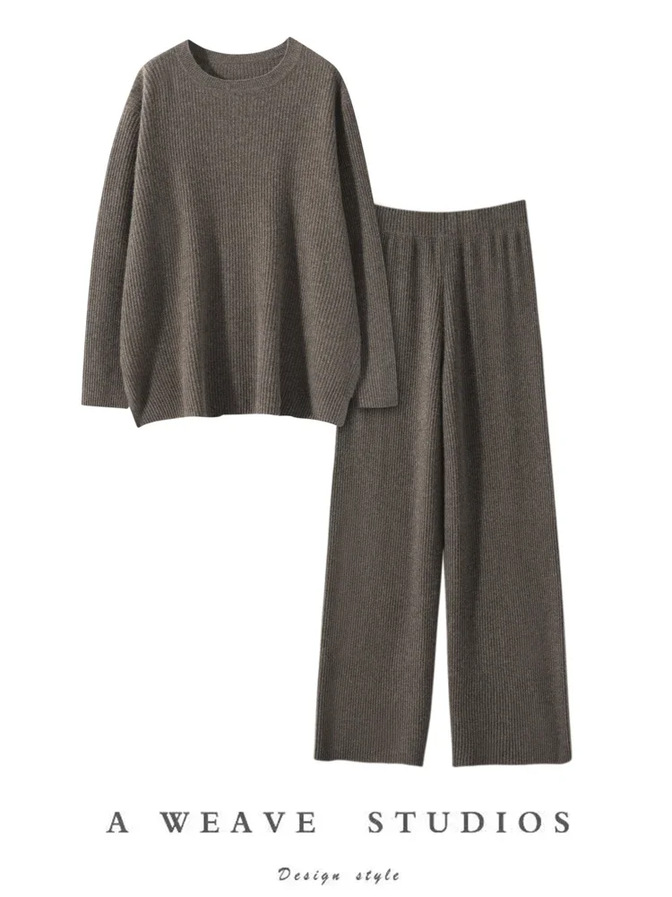 Korean Autumn Winter Sweater Suite Women's Pullover Straight Pants Set 100% Cashmere Sweater Trousers Elasticity Knit Loose Set