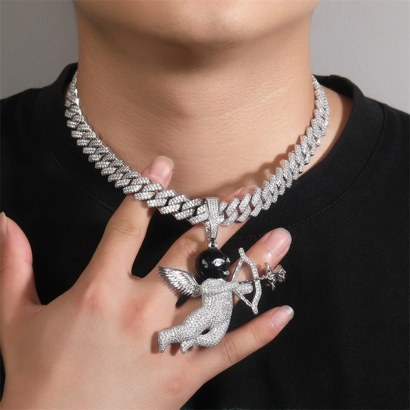 Hip Hop Crystal Masked Angel Pendant Creative Rose Cupid Arrow Necklace For Men Rapper Fashion Jewelry Dropshipping