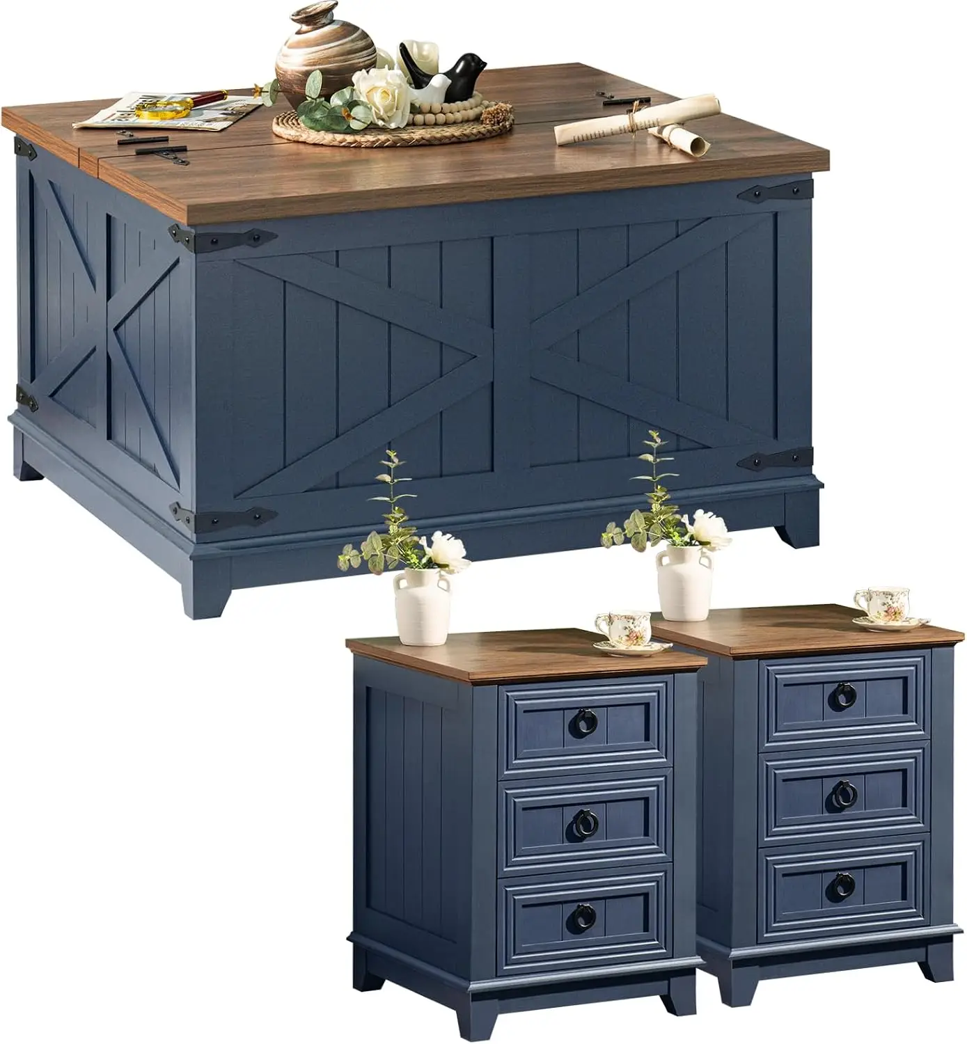 Farmhouse Coffee Table Set of 3 | Drawer Storage, Coffee Table with Hidden Storage, Blue Furniture Set, Large Center Table Set f