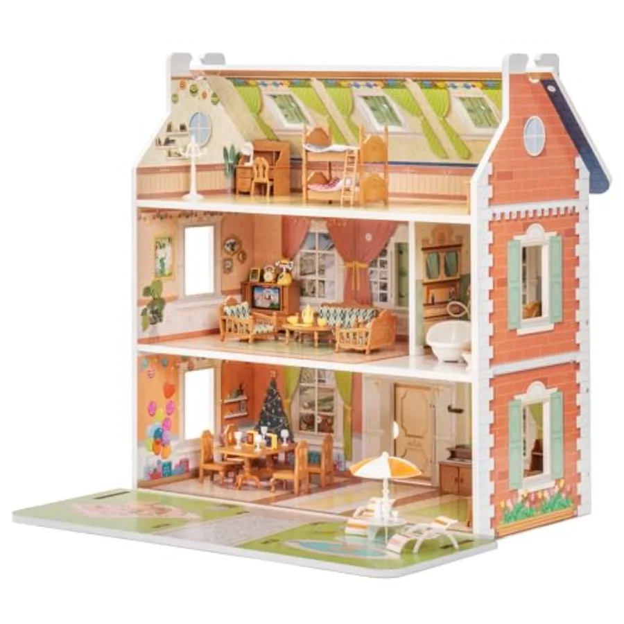 

Wooden dollhouse for pretend play, natural wood finish, light brown color, eco-friendly and durable design ideal for kids aged