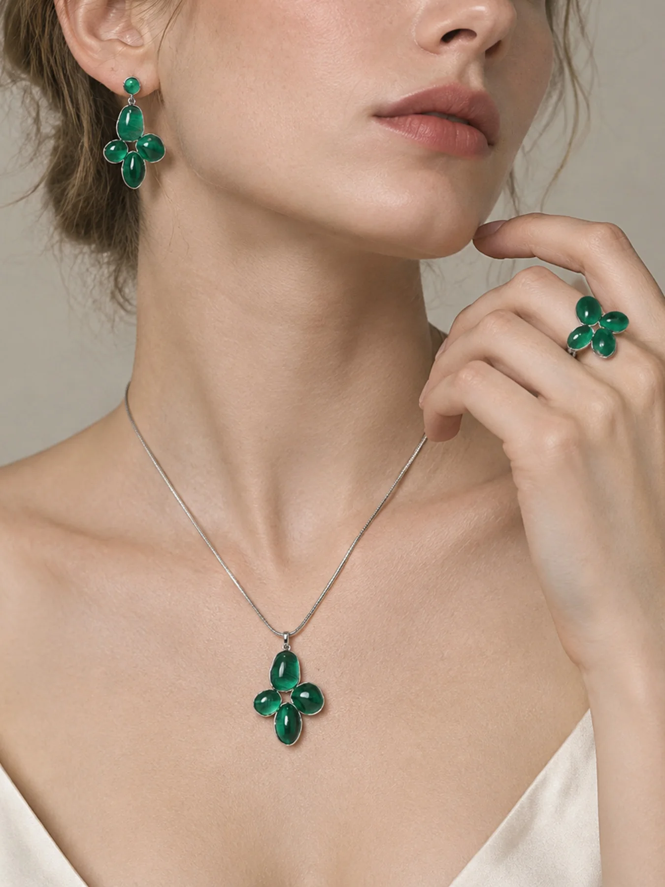 Green Cat Eye Flower Jewelry Set Platinum Tone Necklace Earrings Ring Women Statement Gift Set