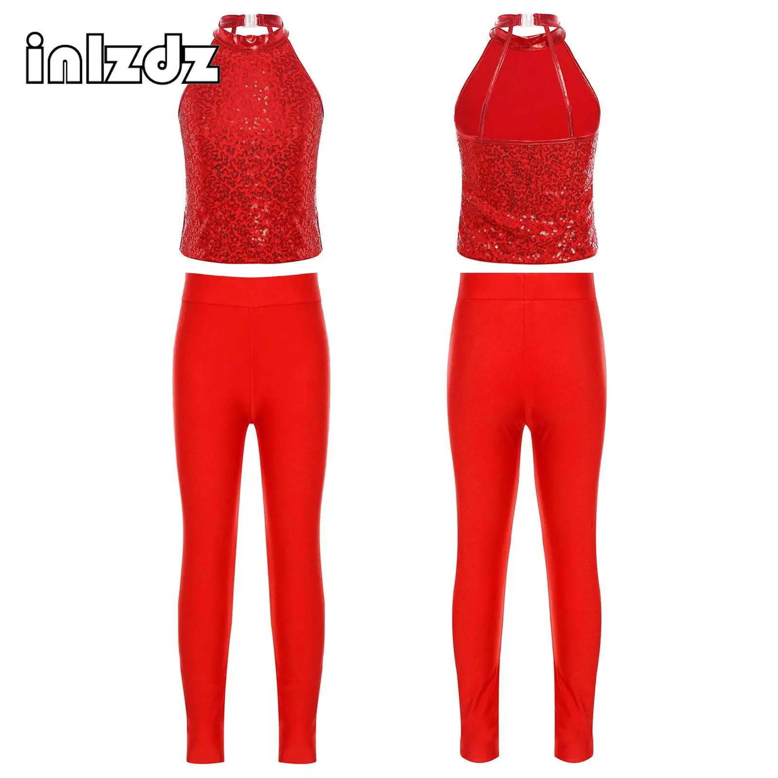 

Kids Girls Gymnastics Halter Crop Top Set Sleeveless Backless Sparkling Sequin with Leggings for Jazz Dance Stage Performance