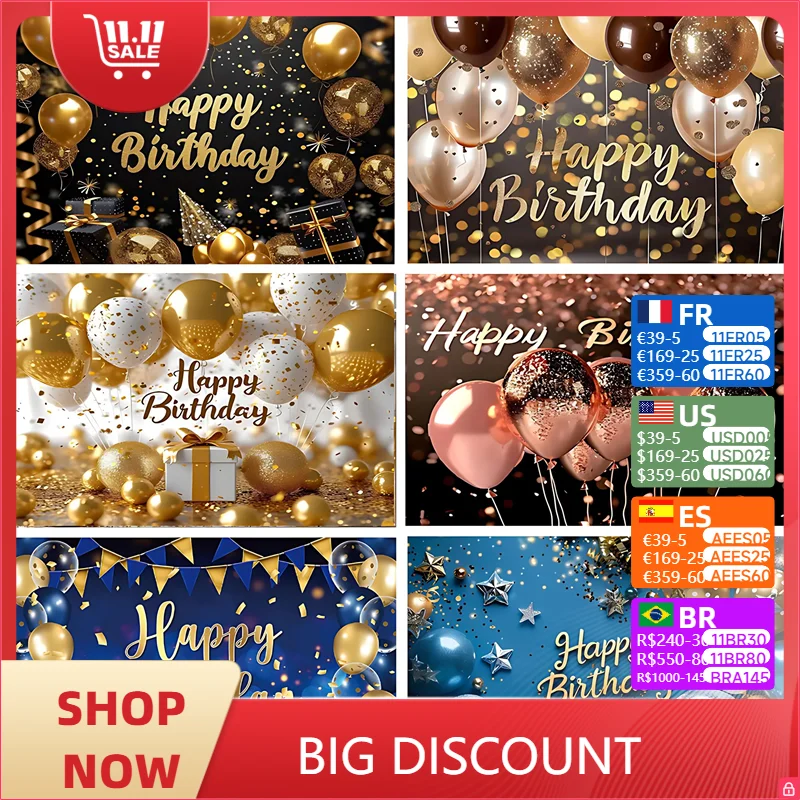 

Gold Pink Glitter Birthday Party Background 3D Balloon Blue Banner Poster Adult Theme Party Decoration Supplies Gifts Photo Prop