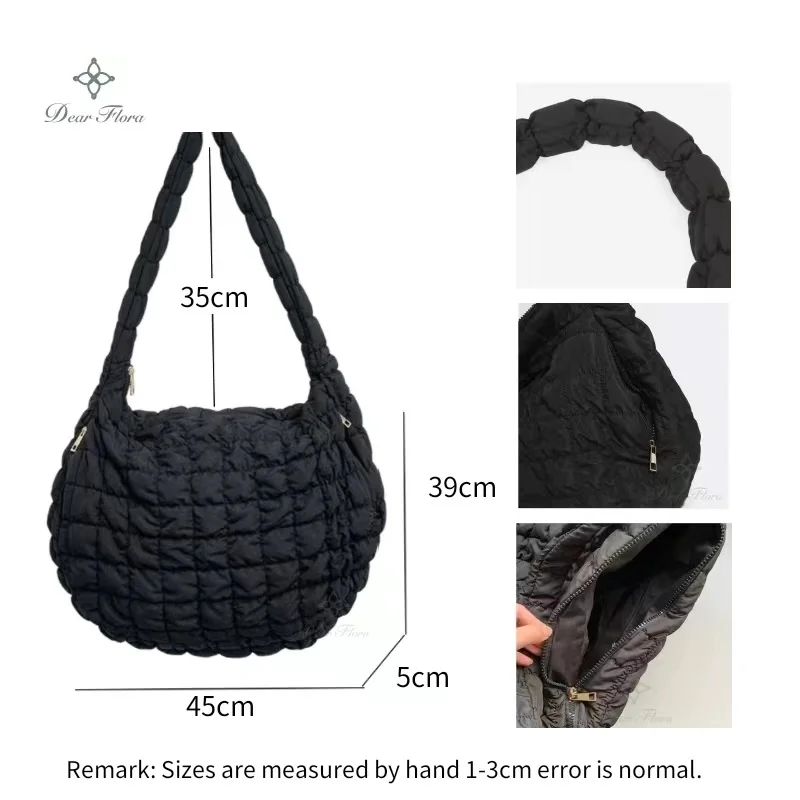 Y2K Style Casual Ruched Oversized Women Shoulder Bags Quilted Padded Crossbody Bag Large Capacity Nylon Tote Big Shopper Purses