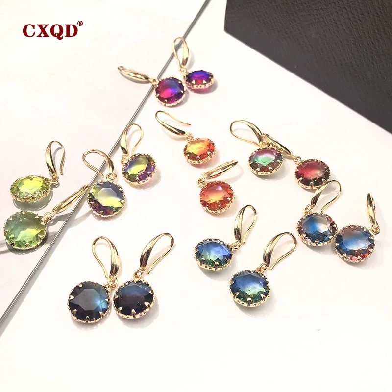 CXQD Colorful Shiny Transparent Circle Crystal Drop Earrings for Women Fashion Dangle Piercing Jewelry Gift