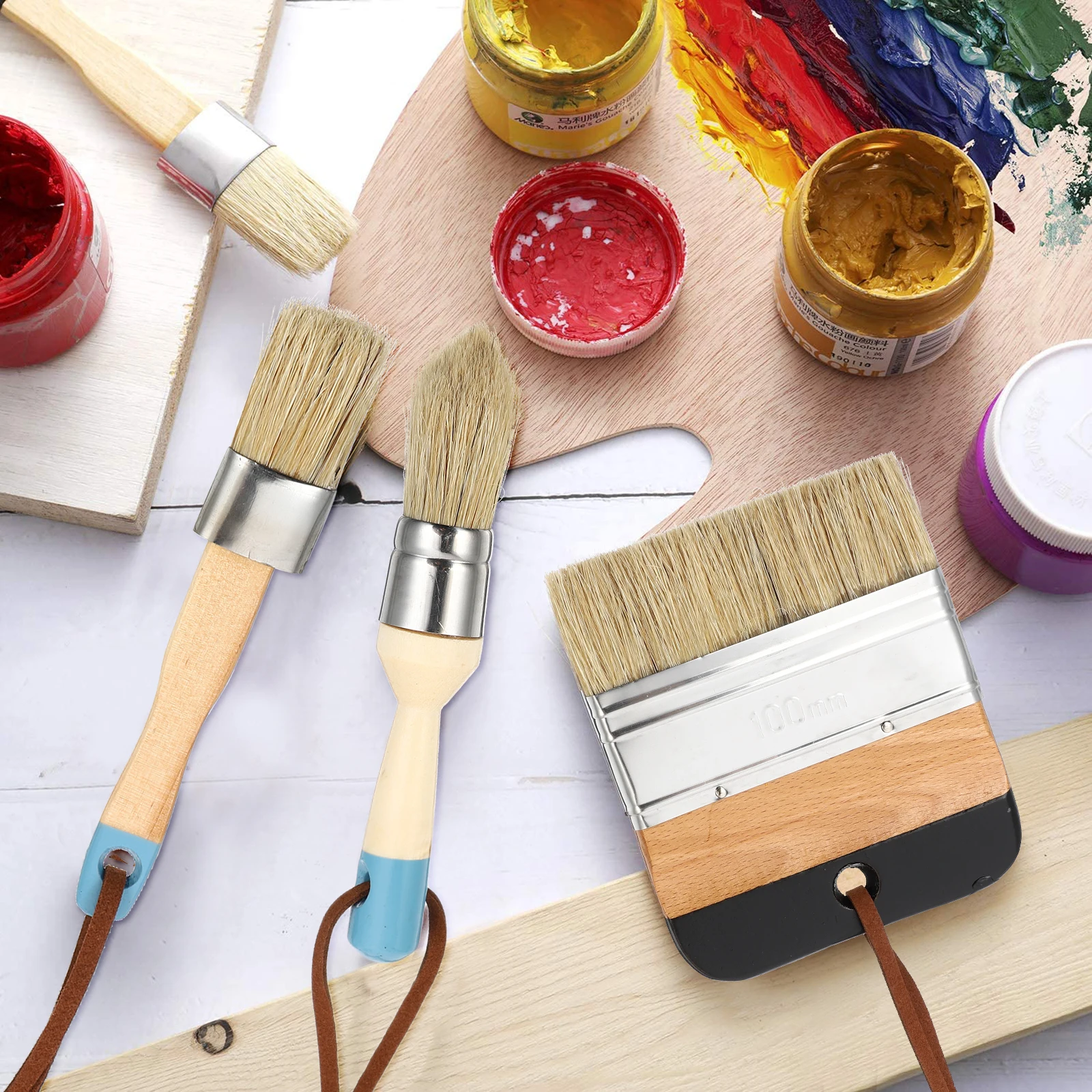 

4pcs Brushes Set 1 Inch Boar Bristle Wooden Handle Durable Home Decoration Oil Paint Tool For Chalk Milk Paint Easy Grip Family