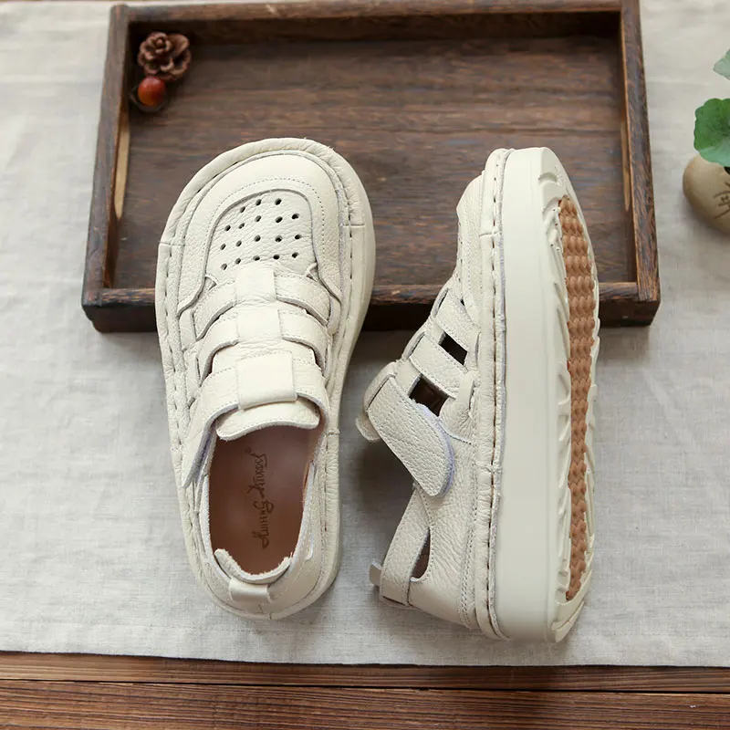 

Leather Roman Style Casual Sandals Women's Breathable Hollow out Thick Bottom Hand Sewing Large Head Shoes Summer New Arrival