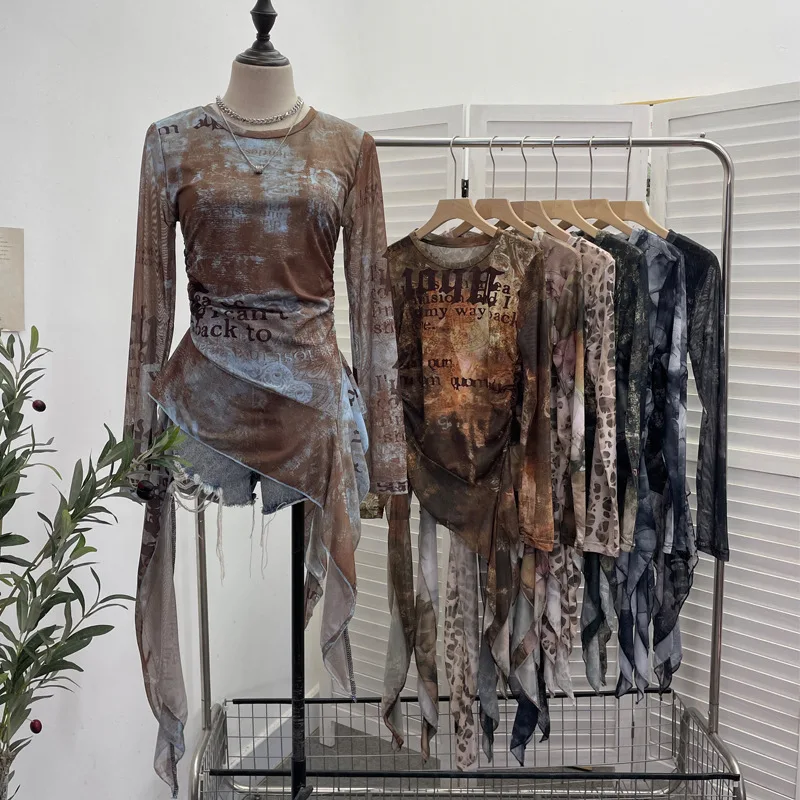 

ISAROSE Y2K сетчатая футболка для женщин, весна-осень, дышащая эластичная футболка с круглым вырезом и длинными рукавами, асимметричные повседневные топы с оборками, один размер