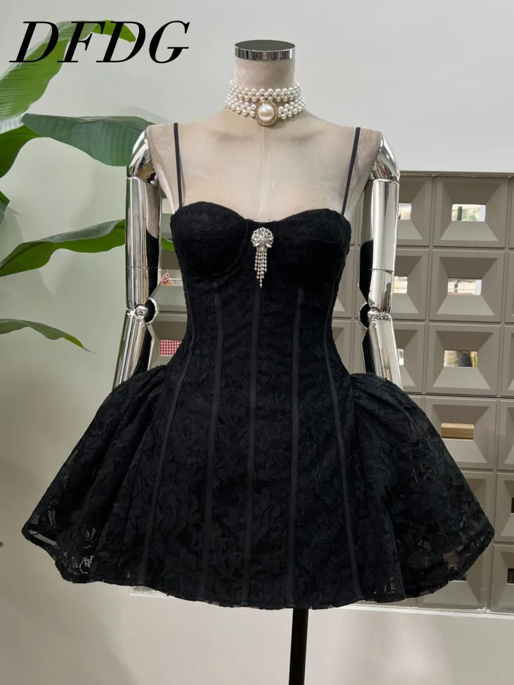 

DFDG Women’s Elegant Lace Balloon Gown Sleeveless Waist-Cinching Dress Spring Summer Evening Party Guest 2025 Womens Dresses