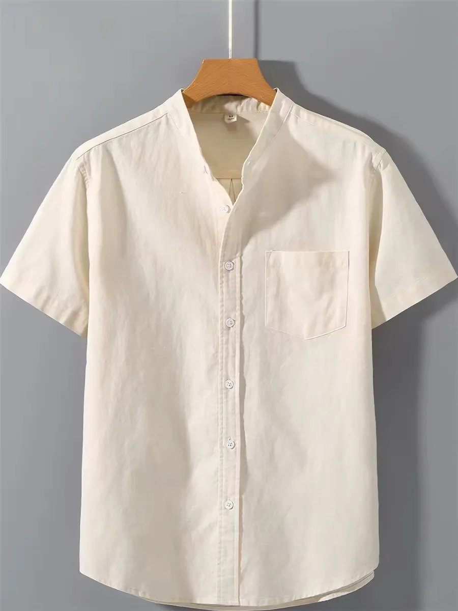

Men's Cotton Linen Short Sleeve Shirt Casual Summer Fashion Simple Small Stand Collar Top Breathable Lightweight Vintage Style
