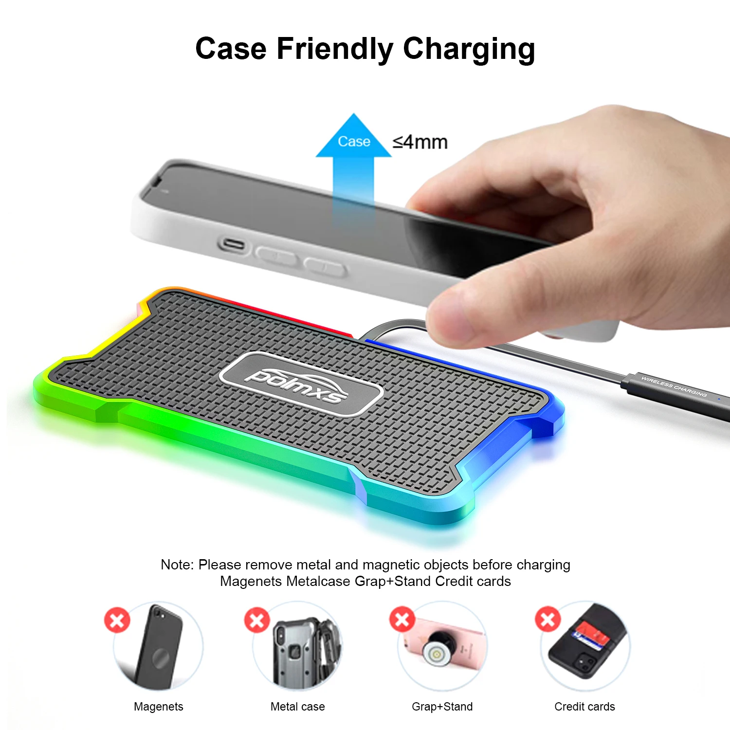 Polmxs 15W Wireless Charger Non-slip with RGB LED Light Type C Wireless Charging Pad for Car for iPhone 14/13/12 Samsung S23/S22
