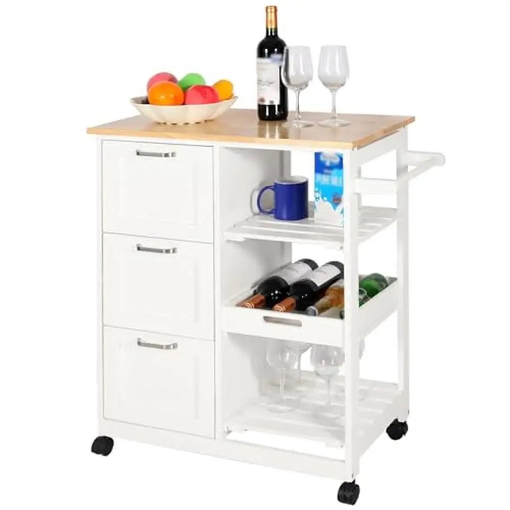 

Portable Rolling Kitchen Trolley Cart with Towel Rack 3 Drawers White 33.5" Height