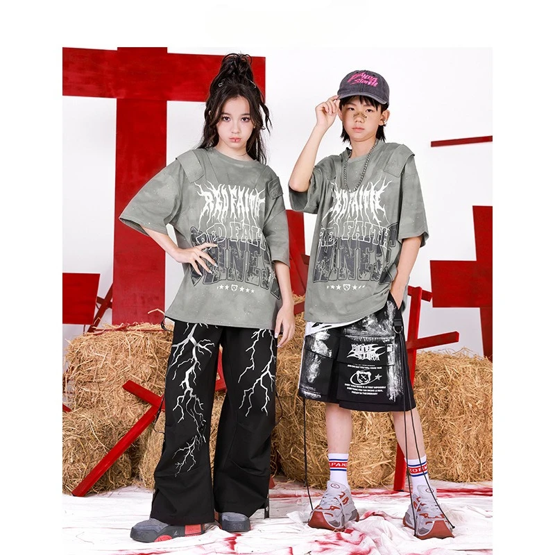 Vêtements Streetwear Hip Hop pour garçons, t-shirt à manches courtes, pantalons éclair, vêtements de spectacle de pratique de Jazz pour filles, Costumes de scène