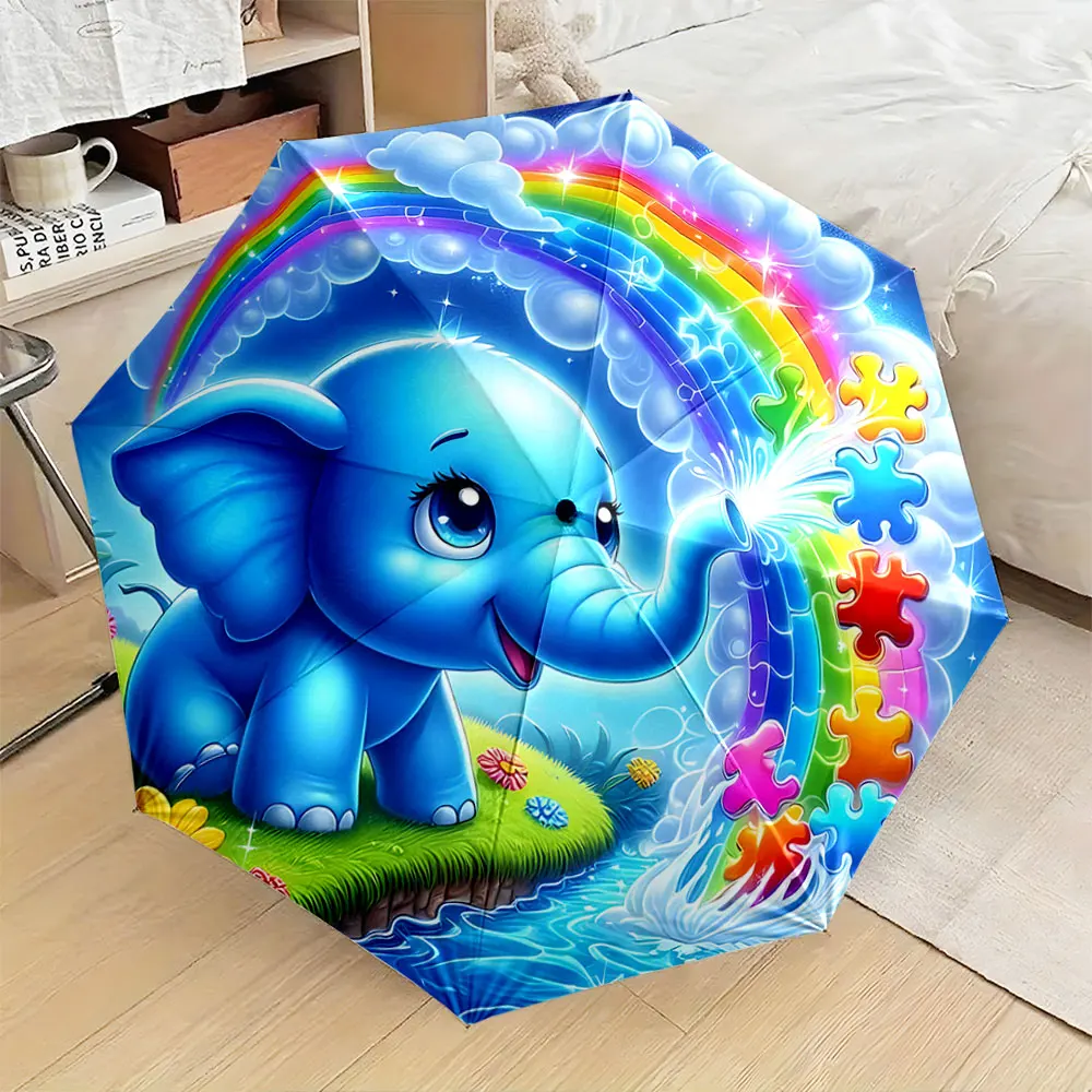 1PC Colorful Elephant Umbrella with Rainbow Design Print 8 Iron Ribs Folding Umbrella Auto-Open Fashion Sunshade