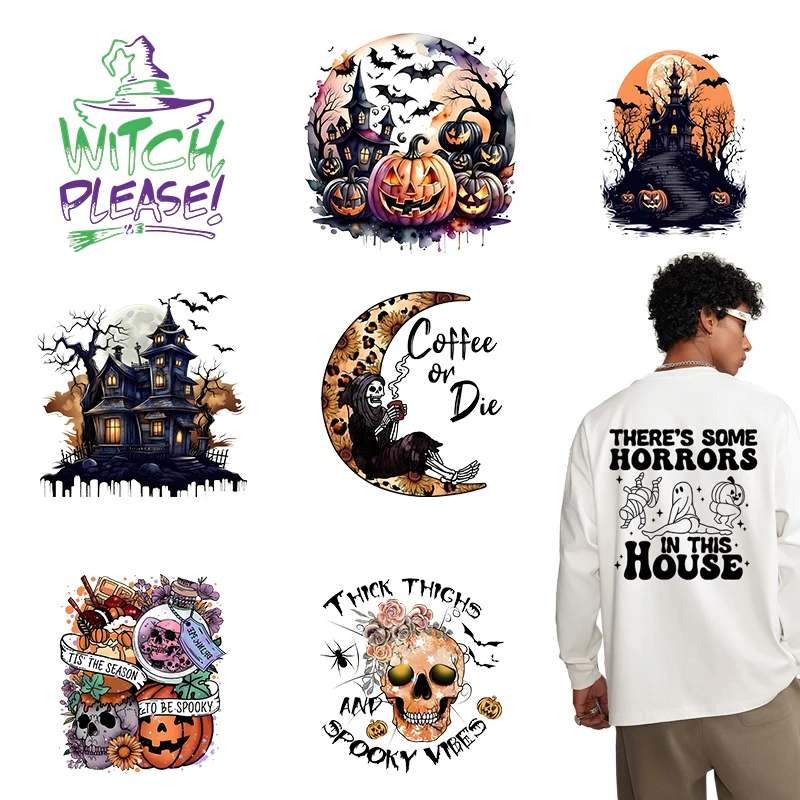 Halloween Horror Castle Heat Transfer Costume Iron On Stickers DIY Clothes Sweatshirt Punk Split Skull Print Washable Stickers