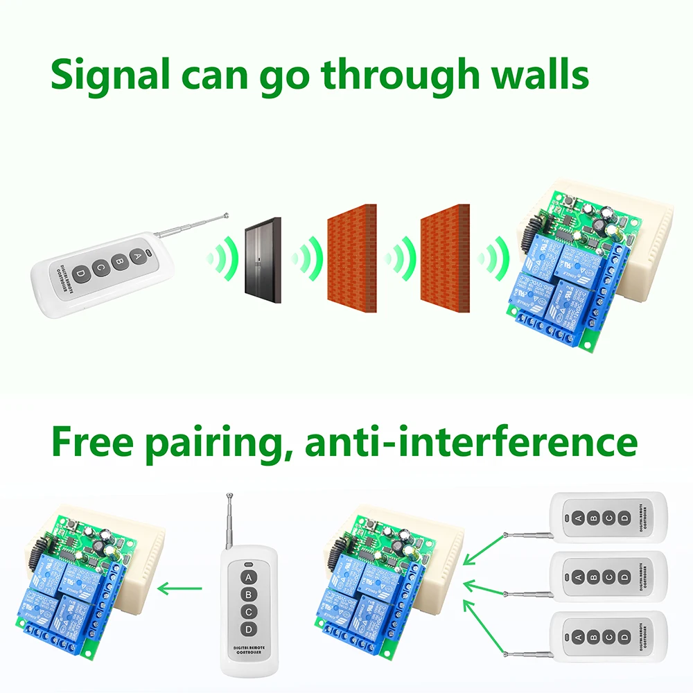 RF 433MHz Wireless Remote Control Switch AC110V 220V 10A 4CH Relay Receiver and 500m Transmitter for Gate Garage Door LED Motor