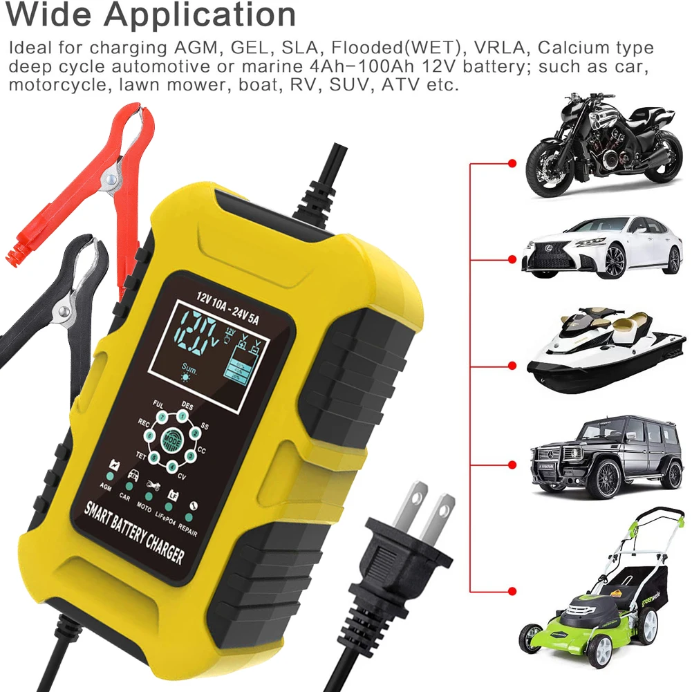 Full Automatic Car Battery Charger 110V to 220V To 12V 5A with LCD Display Lithium LiFePO4 Battery Smart Car Battery Charger