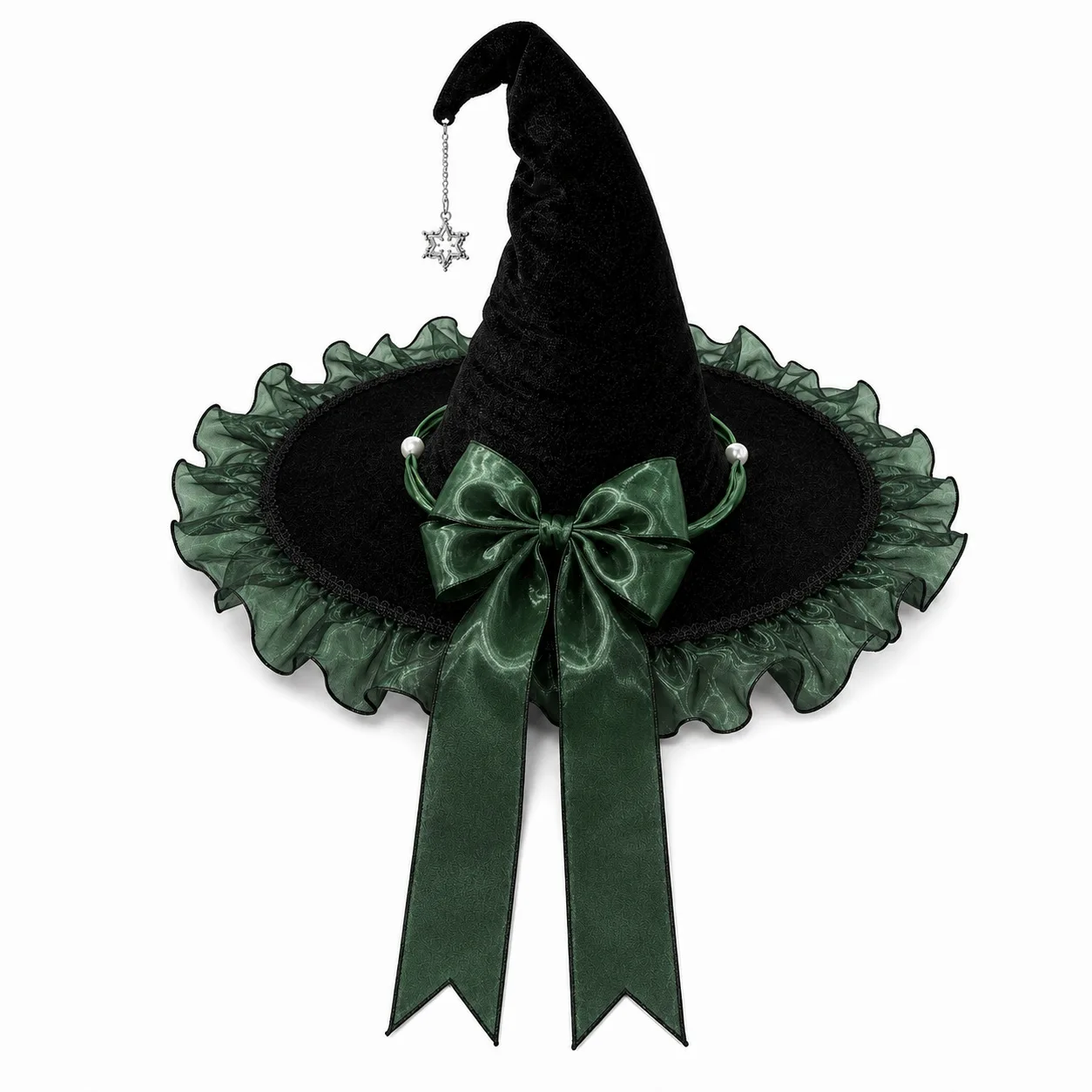 Black Witch Hat Lace Ruffle Wide Brim Bow Star Charm Halloween Costume Headwear for Women Cosplay Party Masquerade Dress Up
