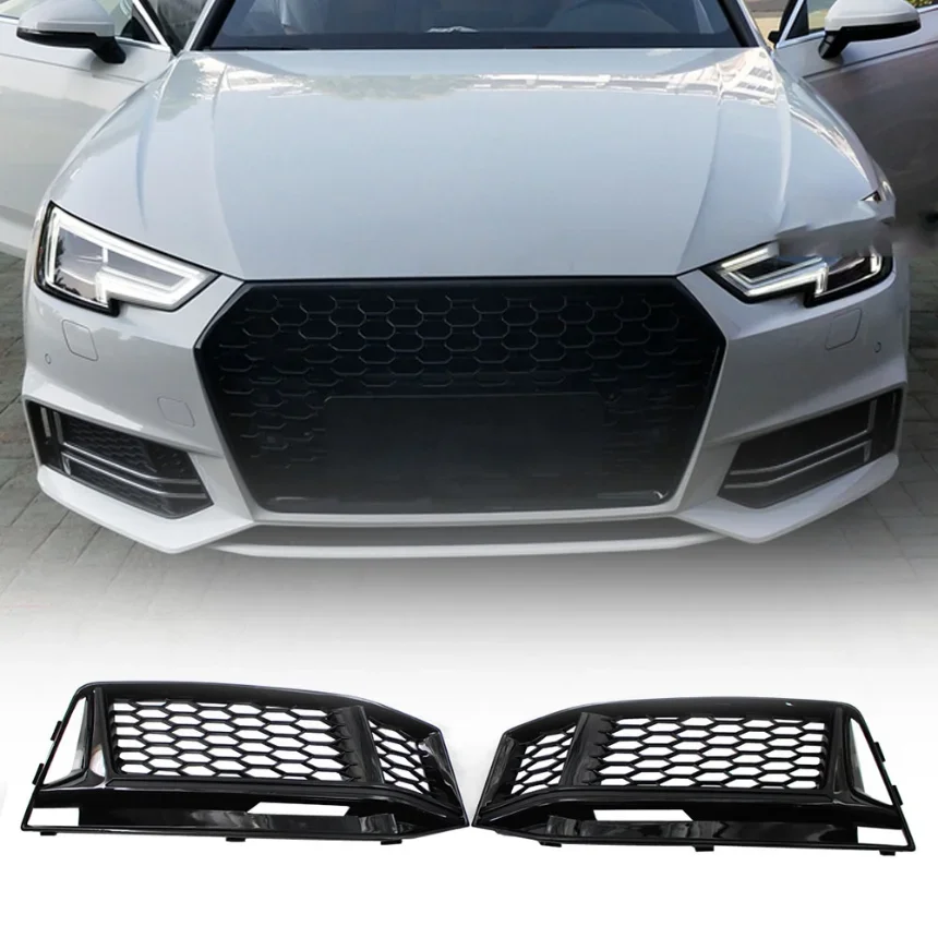 Modified Honeycomb Perforated Fog Lamp Frame fit for AUDI S4 A4 B9 S-Line 16-18 Bright Black Honeycomb Front Fog Lamp Grille1set