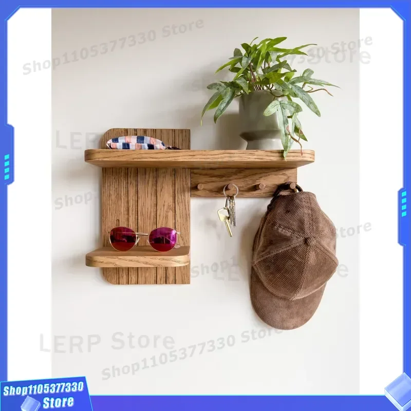 Modern Carved Wooden Wall Shelf with Key Hooks for Entryway Storage Decorative Floating Rack for Living Room Hallway