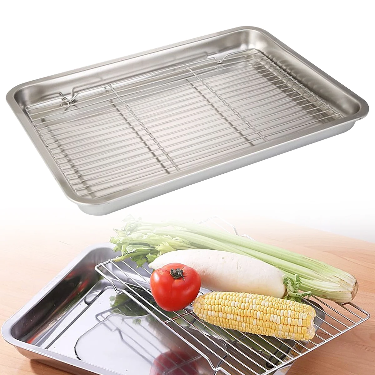 

Practical Stainless Steel Baking Pan Tray With Wire Rack Cake Baking BBQ Oven Brownie Rack Cooking Roasting Grilling Tool