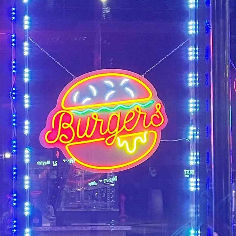 Burger Neon Sign Custom LED Dimmable Hamburger Neon Light Up Sign Home Wall Decor Fast Food Coffee Shop Restaurant Bar Decor