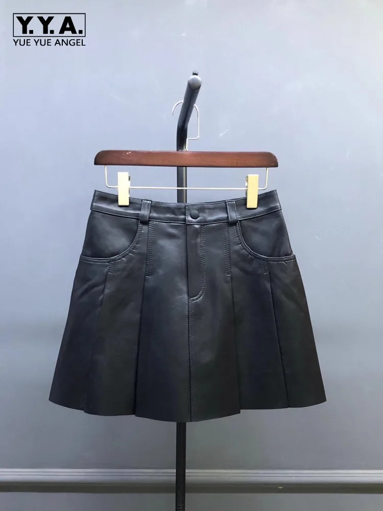 

Элегантные женские юбки из натуральной кожи трапециевидной формы с высокой талией из натуральной овчины выше колена, мини-модные короткие плиссированные юбки, осень 4XL