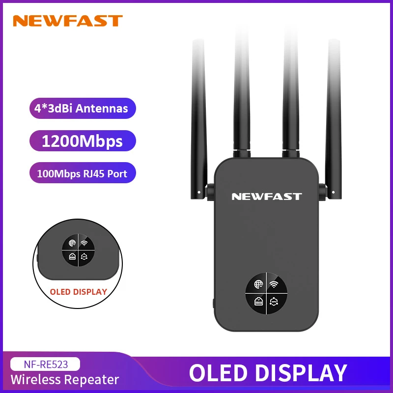 

Newfast 1200Mbps WiFi Repeater 2.4G&5G Home Wireless Extender OLED Display 4*3dBi Antennas Signal WiFi Range Amplifier Router/AP