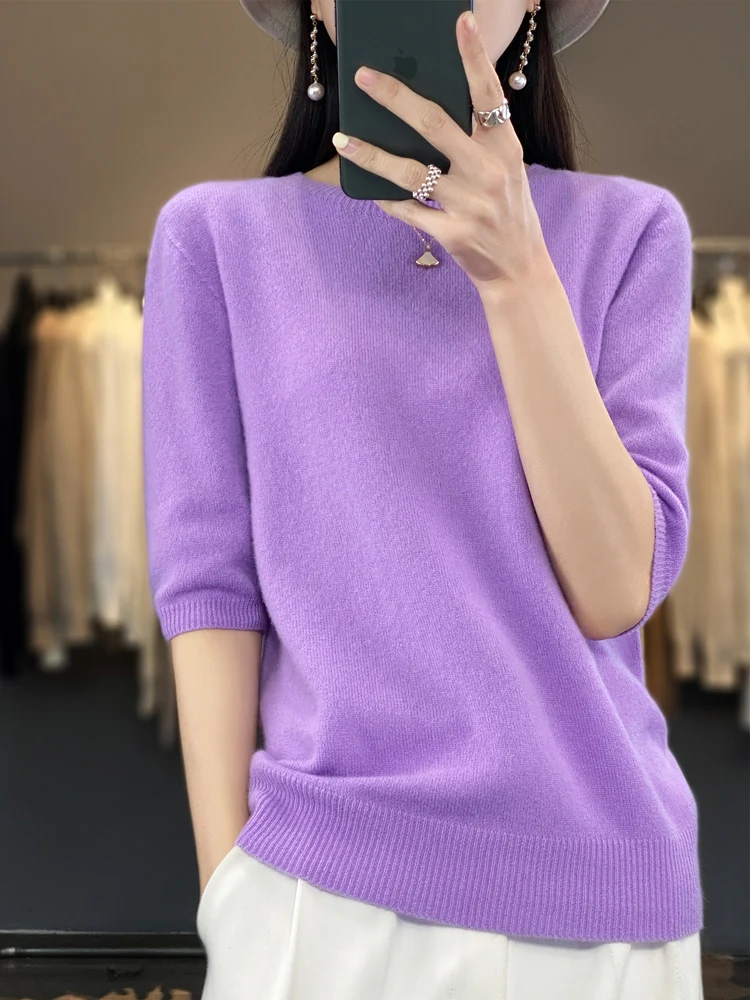 Aliselect Fashion Women Sweater 100% Merino Wool Tops Jerseys O-Neck Half Sleeve Pullover Spring Autumn Summer Clothing Knitwear