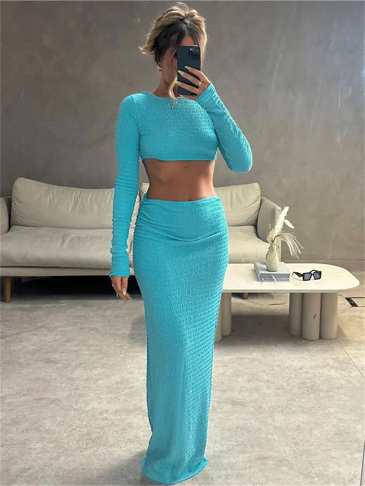 Patchwork Slim Female 2 Piece-Set Fashion Long Sleeve Crop top And Maxi Skirt Sets High Street Pullover For Women Outfits