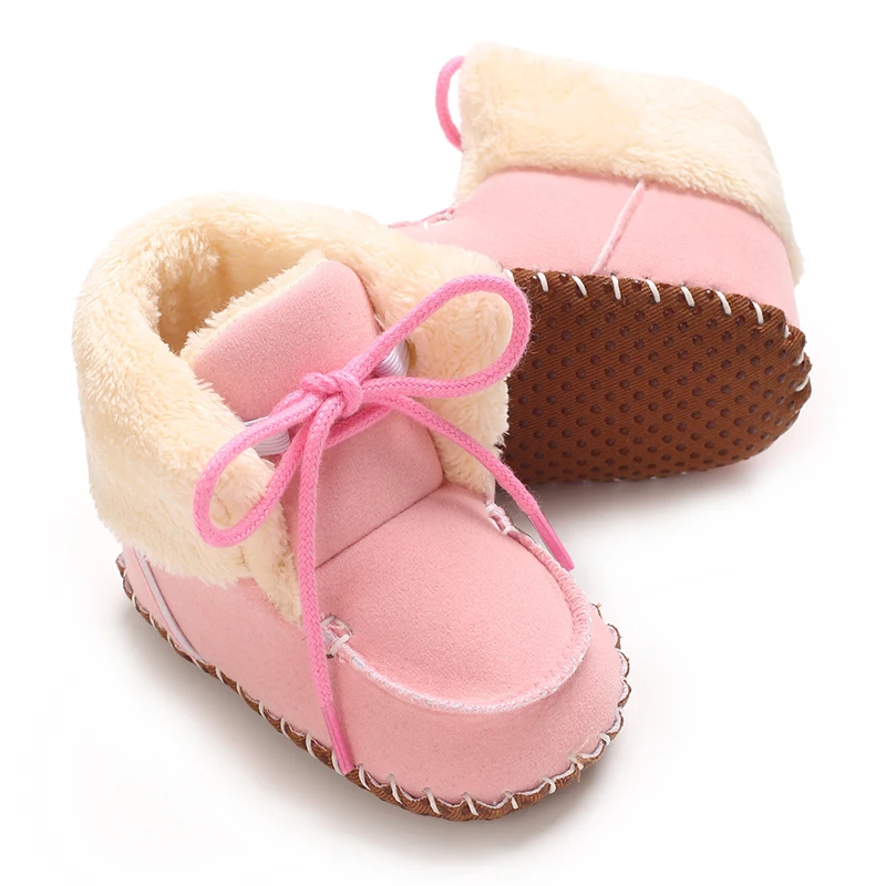 Winter baby girl's thick snow boots with plush cute pink furry cotton shoes 0-1Year warm non slip comfortable baby walking shoes