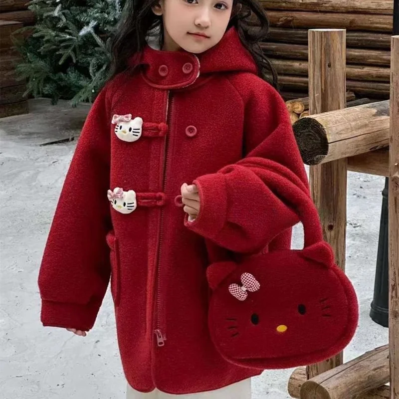 

Sanrio Hello Kitty Kids Winter Woolen Coat 2025 Teen Kid Thicken Padded Thermal Insulated Hooded Jacket 1-12Y Princess Outerwear