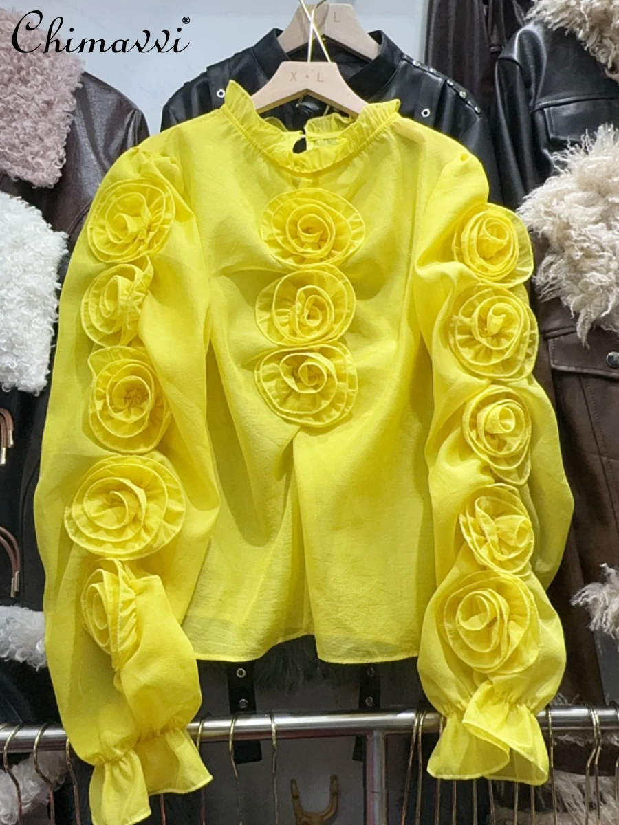 

French Fashion Rose Flowers Yellow Long-Sleeved Shirt for Women 2024 Spring Clothes New Sweet Loose Slim-fit Elegant Ladies Tops