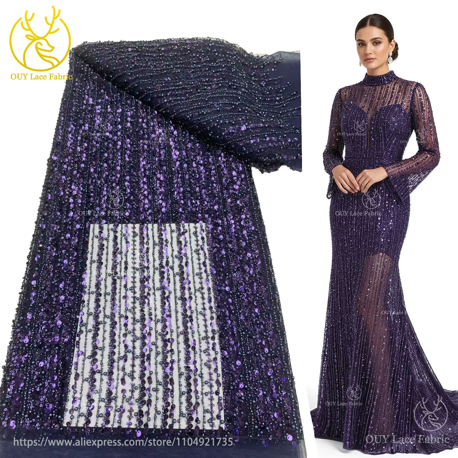 

For Wedding Dresses Luxury Purple Black Beaded Sequins Lace Fabric 2025 New Design French African Tulle Mesh Lace Evening Gowns