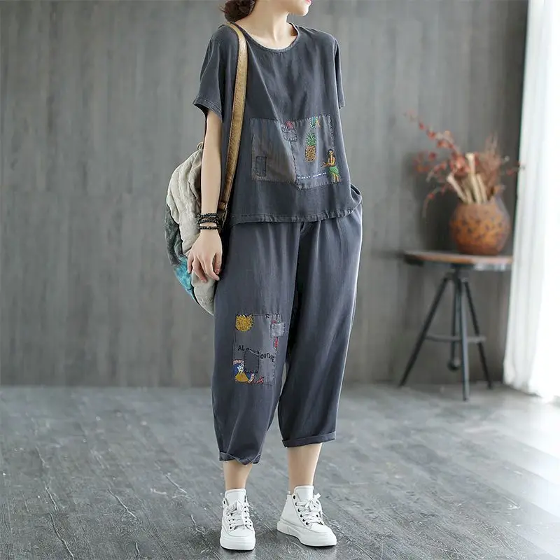 Silk Denim T Shirt Sets Women 2024 Summer Trend Suits Fashion Vintage Printed Short Sleeve T-shirt and Cropped Pants 2 Piece Set