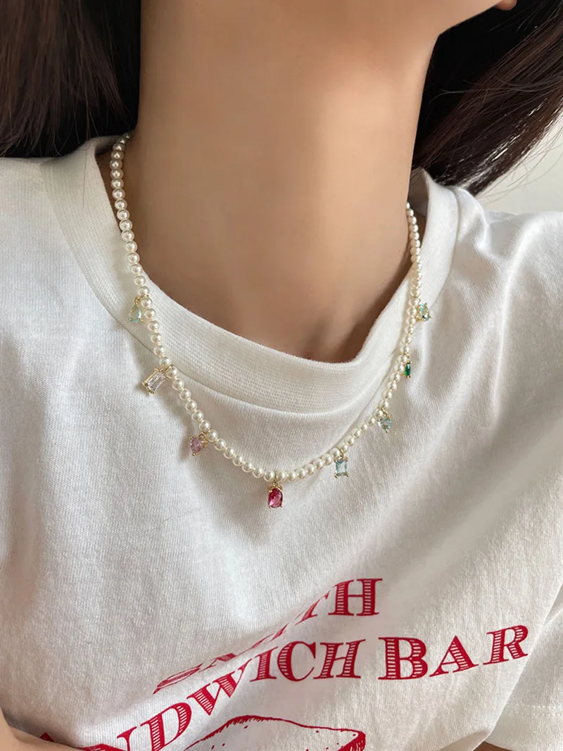 2024 Fashion Versatile Colored Zircon Pearl Dopamine Summer Women's Necklace Gathering Jewelry Accessories