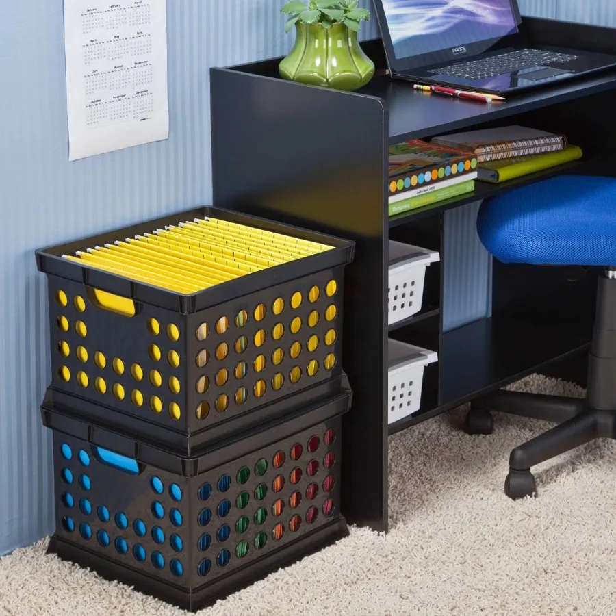 30.6L Black Plastic Stackable Storage Crate, Portable Utility Bin with Built‑in Handles for Household Organization