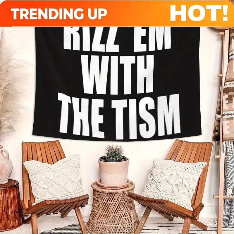 Customization 1pc RIZZ 'EM With Theism Tapestry - Black Polyester Wall Hanging With White Text, Perfect For Home Decor, Living R