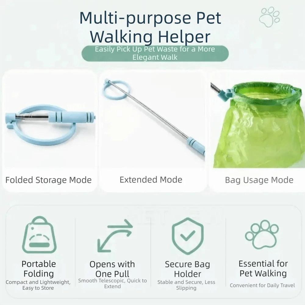 Retractable Dog Poop Scooper Non-Contact Long Handle Pet Waste Cleaner Foldable Scalable Dog Poop Catcher Friendly Grabber