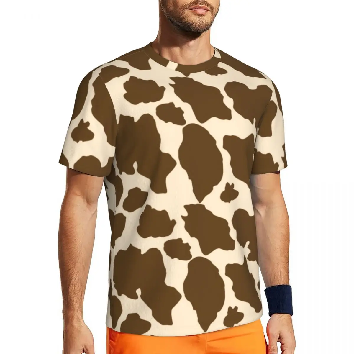 

Gym T Shirt For Mens Farm Animals T Shirts Hippie Brown Spots Cow Print Summer Tee Shirt O Neck Vintage Printed Tops Gift Idea