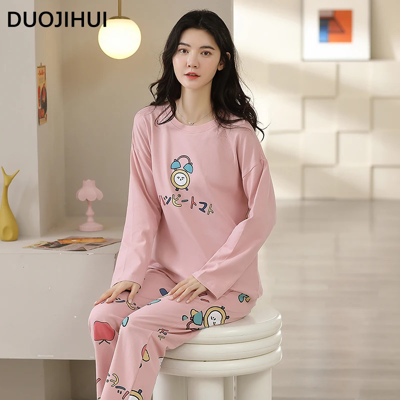 DUOJIHUI-Conjunto de pijama feminino com duas peças, pulôveres com o pescoço, calça básica, doce, casual, simples, doce, moda, outono, novo