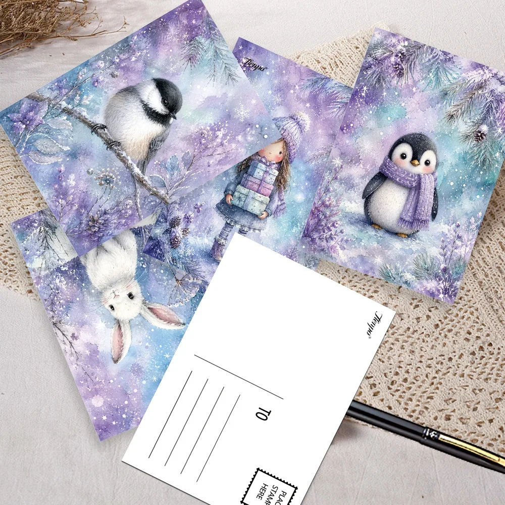 32pcs, Christmas Postcard, Purple Winter Forest Animals, Bullet Journal Greeting Card, Bedroom Wall Decor, Collectible