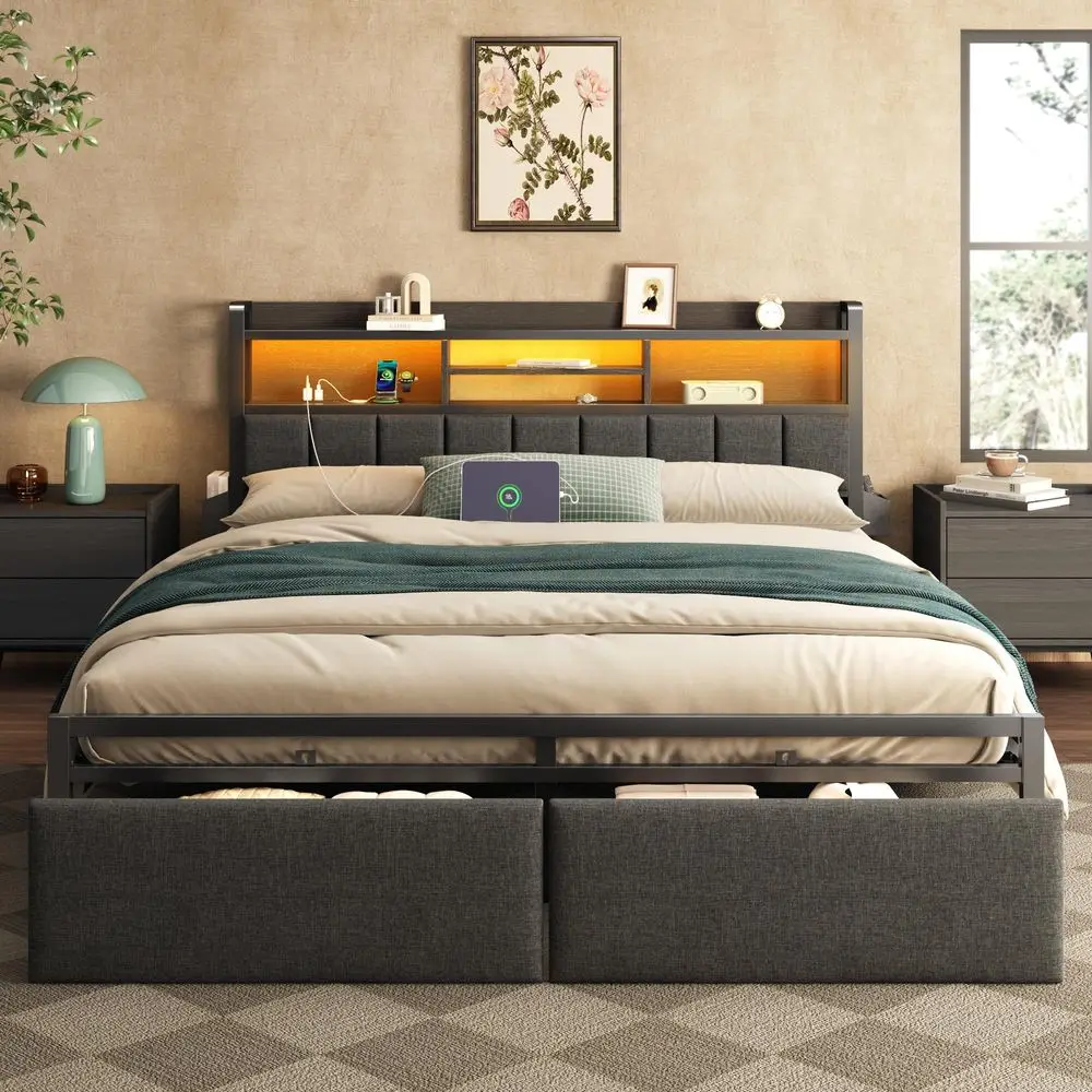 

King Bed Frame with Wood Headboard amp Storage Drawers, Metal Platform Bed Frames King Size with LED Lights, Built in Charging