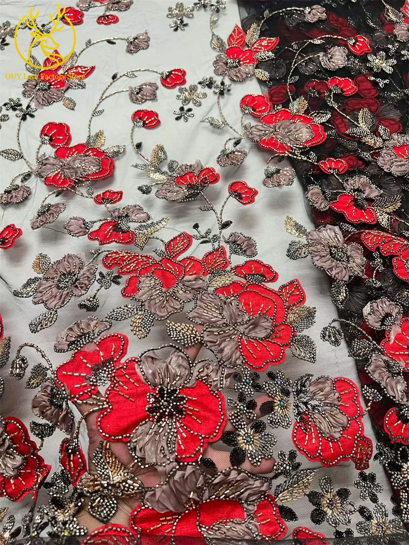 Afrikanischer Bräutigam Stickerei-Spitzenstoff mit Schwerer Perlenbestickung Hochwertiger Französischer Pailletten-Tüllspitzenstoff Nigerianisches Brautkleid Nähzubehör – Detail 18