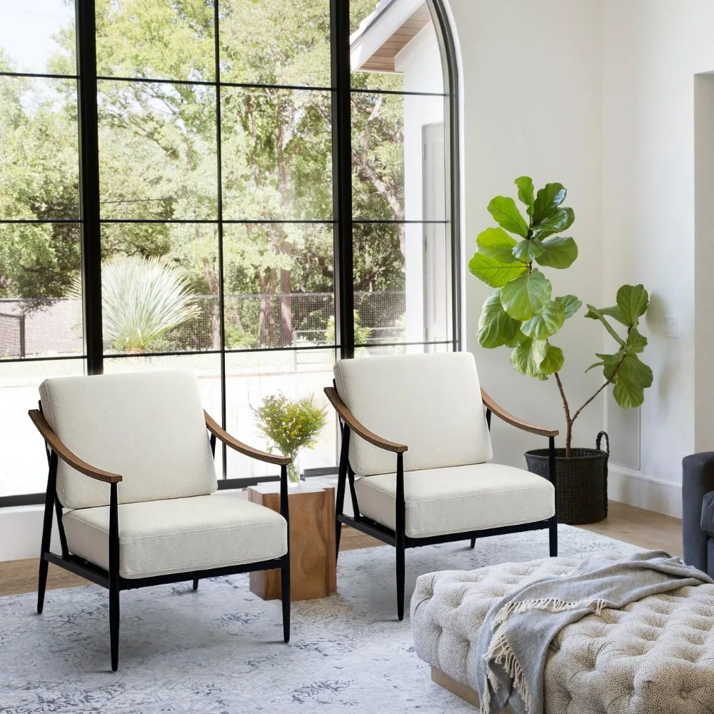 

Modern Accent Chairss Set of 2 for Living Room Mid Century Arm Chairs Upholstered Bedroom Chairss Comfy Lounge Chairs with Metal