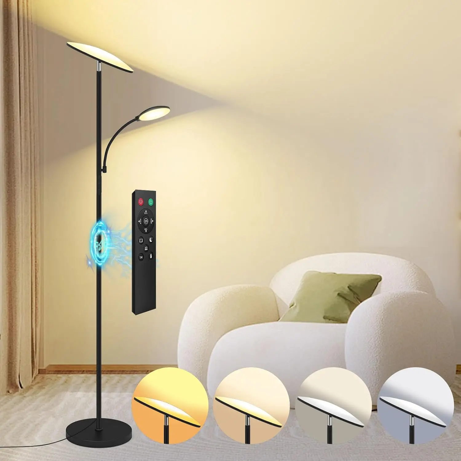 Floor Lamp, Upgraded 42W 4500LM Super Bright LED Floor Lamp with Rotatable Reading Light, Touch Remote Control & Memory Function, Stepless Dimmable Standing Lamp, Black