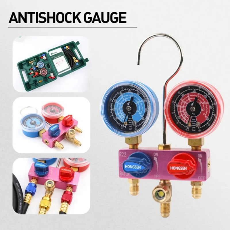 HS-M02 Air dual meter set Conditioning Pressure Manifold Gauge Hose Hook Kit for R410A R32 R22 Refrigerant Fluoridation