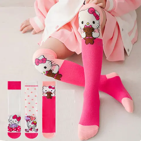 3 Pairs Spring and Summer Cartoon Anime Hello Kitty Pattern Girls Over knee Socks Cotton Comfortable and Soft Casual Girls Socks